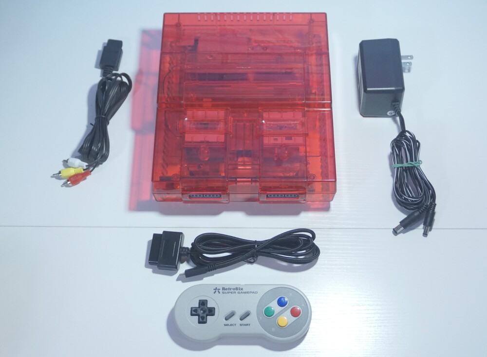 Transparent Clear Red Super Nintendo SNES Game Console SNS-001 with Green LED